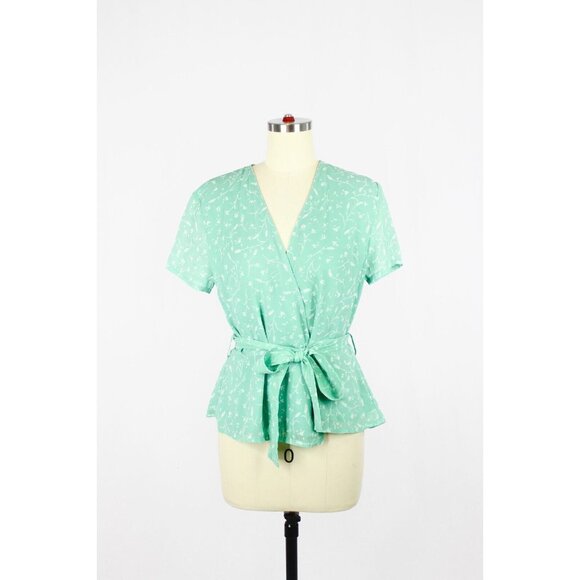 SAMSOE SAMSOE Klea Green Floral Crepe Short Sleeve Wrap Blouse, Size S - Picture 5 of 16